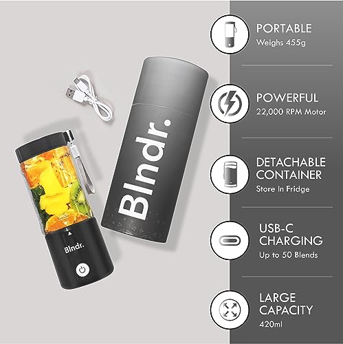 Blndr | Portable, Rechargeable Blender & Smoothie Maker | 420ml Capacity, 6 Stainless Steel Blades, 4000mAH Battery (Carbon Black)