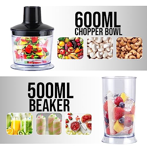 Belaco Hand Blender Mixer 4in1 Processor Chopper Mixer Bowl Egg Whisk & Beaker 800W DC Motor 600ml Chopper Bowl 500ml Beaker