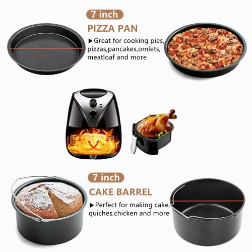 Air Fryer Accessories, Includes 7 inch Cake Barrel, Pizza Pan and 50Pcs Non-stick Disposable Air Fryer Liners Baking Paper, Silicone Basting Past