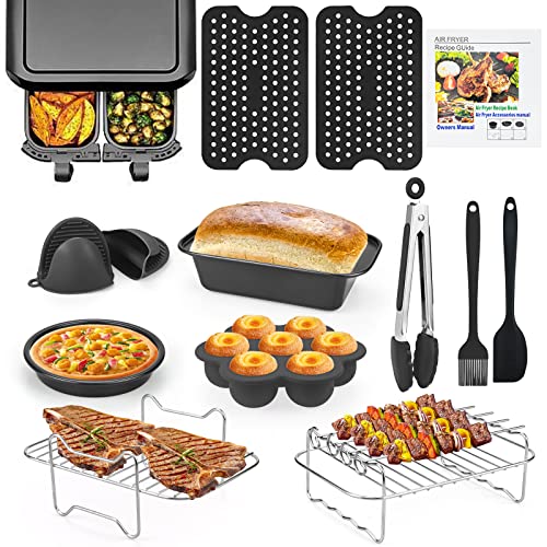 Dual Air Fryer Accessories13PCS, Double Basket, 304 Stainless Steel Grilling Rack Compatible for Ninja Foodi AF300UK, AF400UK, Instant Vortex, To