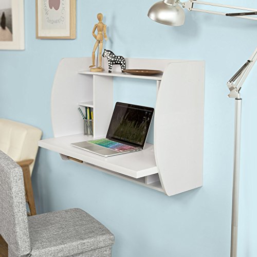 Haotian FWT18-W, White Drop-Leaf Table Desk, Wood Children Table,Home Office Table Desk Workstation Computer Desk with Storage Shelves, Trestle D