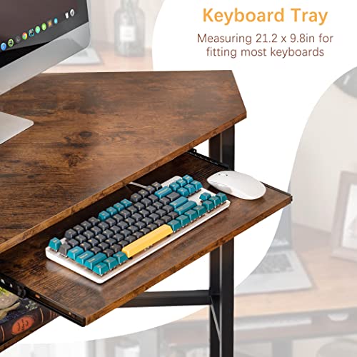 Becko US Corner Desk Triangle Computer Desk Vintage Industrial Small Desk Home Office Desk with Keyboard and Storage Shelf (Rustic Brown)