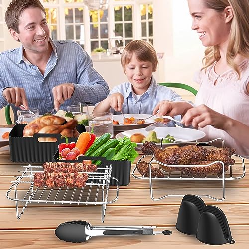 Air Fryer Accessories, 8pcs for Ninja Dual AF400UK & Tower T17088 & AF300UK, Dual Silicone Air Fryer Liners & Gloves, Air Fryer Rack & Food Tong