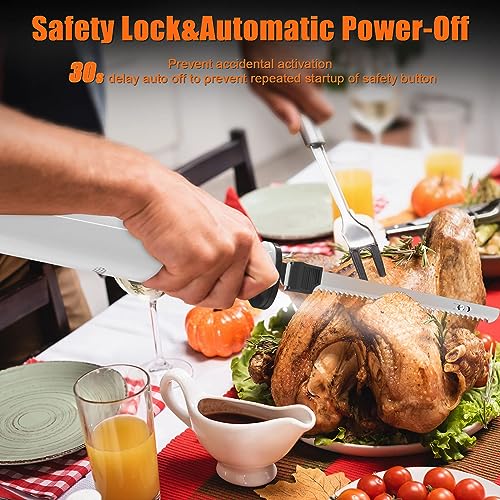 HYQNG Electric Meat Carving Knife, Cordless Meat Slicer Knife Bread Knife with 2 Serrated 8” Stainless Steel Blades & Safety Lock Trigger Release