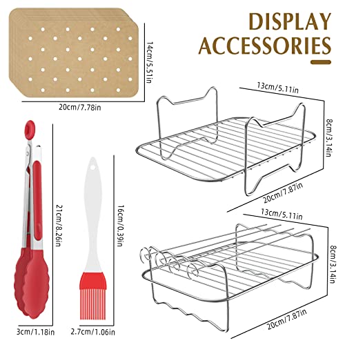 Domeilleur 2Pcs Air Fryer Rack Set for Ninja for Dual Air Fryer, Multi-purpose Double Layer Rack with Skewer, with Brush, Clips, Paper Liners, Ac