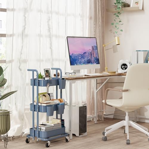 Merapi 3 Tier Foldable Rolling Cart, Metal Utility Cart with Wheels, 3 Hanging Cups and 6 Hooks, Folding Trolley for Living Room, Kitchen, Bathro