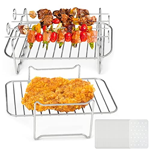 Jetcloud 2pcs Air Fryer Rack +100x Air Fryer Liner,Stainless Steel Double Layer Air Fryer Accessories with 4x Grilling Skewers Metal Dehydrator R