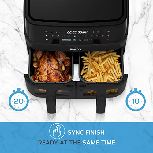MONCOOK Double Air Fryer With Light Up Viewing Glass - Energy Efficient Airfryer Oven Alternative - 9L Twin 4.5L Baskets - 50 Recipe Cookbook - S