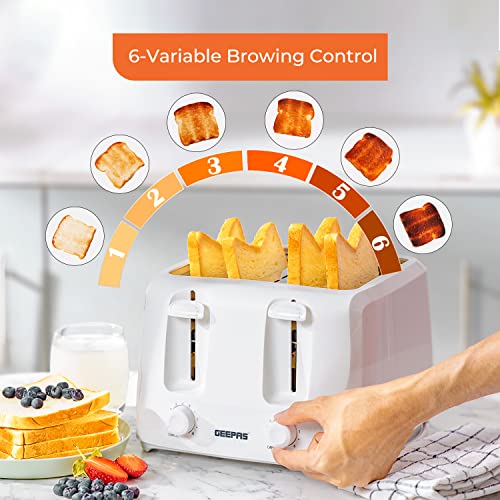 Geepas 4 Slice Bread Toaster with 6 Level Browning Control | Removable Crumb Tray, Cancel Function, Cord Storage & Cool Touch Plastic Housing | 1