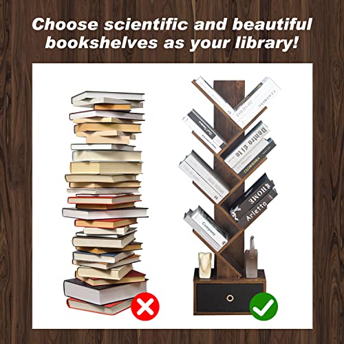 LAZYLAND Brown Bookshelf with Drawer, 6-Tier Floor Standing Tree Bookshelf, for CDs/Movies/Books, Utility Organizer Shelves for Home Office, Bedr