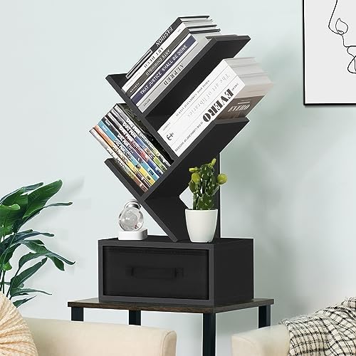 SHEEPAM Small Book Shelf with Drawer,3 Tier Black Tree Bookshelf,Wooden Desktop Bookcase,Modern Desk Display Storage Bookshelves,Floor Standing O
