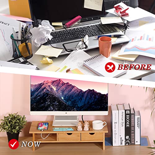 Monitor Stand Riser Desk Organizer-Bamboo 2 Tier Laptop Stand with Drawers,Adjustable Desktop Storage Organizer for Computer, Use in Office,Home/