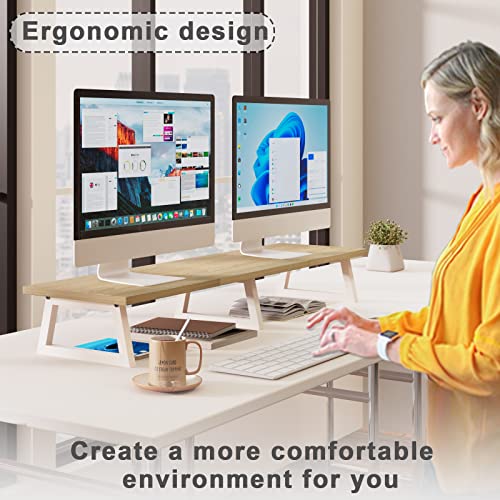 TEAMIX 42 inch Large Dual Monitor Riser, Extra Long Monitor Stand Riser Wide TV Stand Riser Monitor Stand for 2 Monitors Wood & Steel Desktop Ris