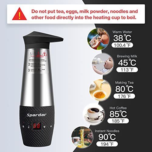 Spardar 12v Kettle, Temperature Control Kettle, 348 ml Travel Kettles Electric Small for Car Camping, Portable Car Kettle for Hot Water, Double I