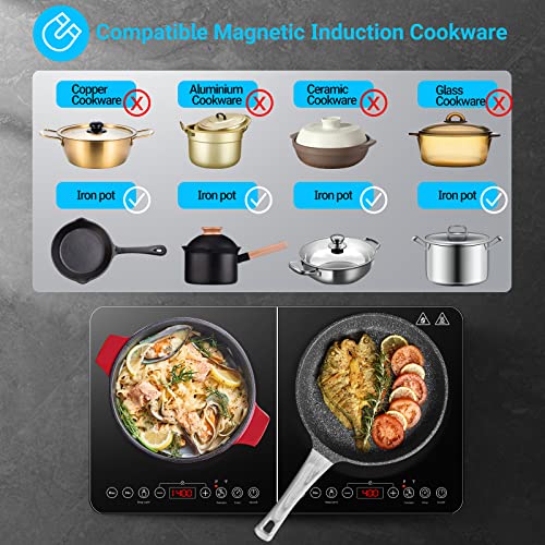 Aobosi Double Induction Hob,Induction Hobs with Slim Black Crystal Panel Body, Independent Control,Induction Cooker with 10 Temperature Setting,4