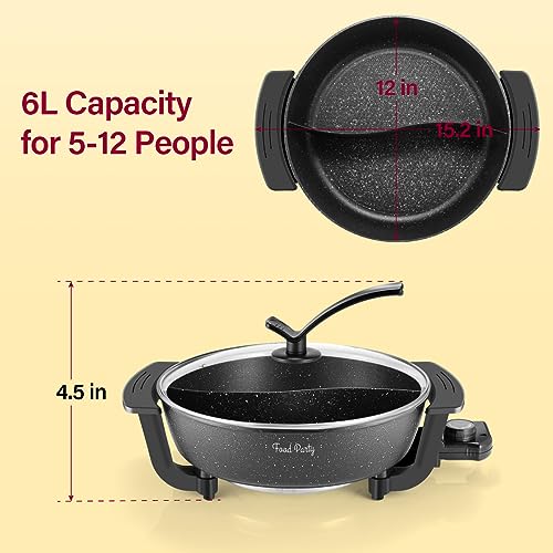 Food Party Hot Pot Electric Hotpot with Divider Chinese Hot Pot Cooker Non-Stick 6-Quart Shabu Shabu Pot