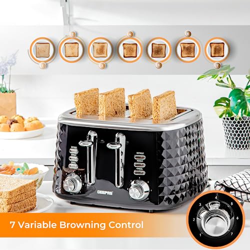 Geepas 4 Slice Bread Toaster with 7 Level Browning Control | Removable Crumb Tray, Defrost, Reheat & Cancel Function, Cord Storage | 2 Year Warra