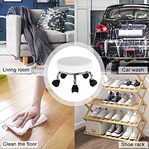 WKWKER Roller Seat PU Leather Low Round Rolling Stool Small Stool with Universal Swivel Caster Wheels for Home Office Garage Shop Fitness Sport,H