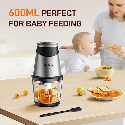 DR.ZERO Food Processors with 2 Bowls, Mini Chopper Electric Food Chopper 4 Bi-Level Blades, 2 Speed, 1.2l and 0.6l, Meat Mincer 500W for Baby Foo