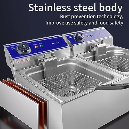 Commercial Deep Fryer Stainless Steel Electric Fryer Dual Tank 20L 3000Wx2 with Lids
