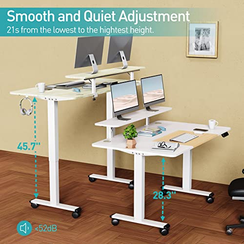 WOKA 55 x 28 Inch Electric Standing Desk with Wheels, Height Adjustable Stand up Desk with a Monitor Stand Riser, Standing Computer Desk with Mem