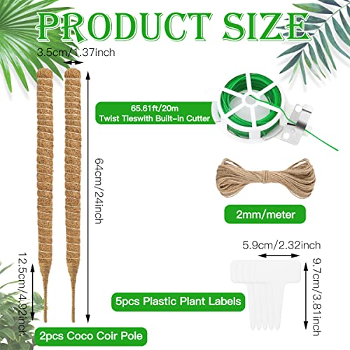 2 Pieces Moss Pole for Cheese Plant,Plant Pole,Plant Sticks Support,Plant Moss Pole,with 1 Roll of Tie,1 Hemp Rope,and 5 Gardening Labels,for Che