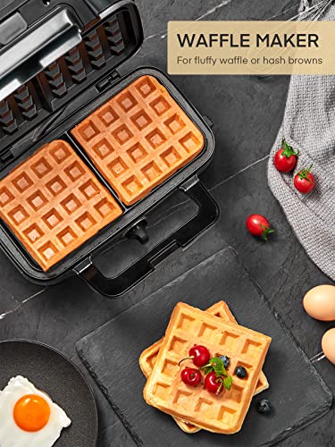 FOHERE Sandwich Toaster 3 in 1 Waffle Maker and Toasted Sandwich Maker with 5-Gears Temperature Setting and Non-Stick Teflon Coated Plates, Indep