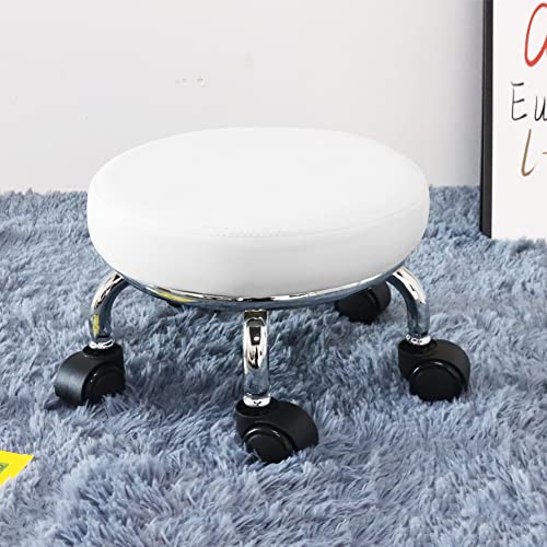 WKWKER Roller Seat PU Leather Low Round Rolling Stool Small Stool with Universal Swivel Caster Wheels for Home Office Garage Shop Fitness Sport,H