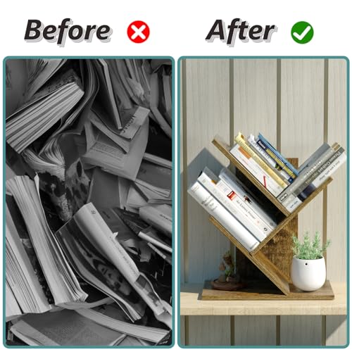 RUISHENG Tree Bookshelf, 4 Shelves Bookcase for Books/Magazines/CDs, Floor Standing Bookshelf for Office, Bedroom, Home (Rustic Brown)