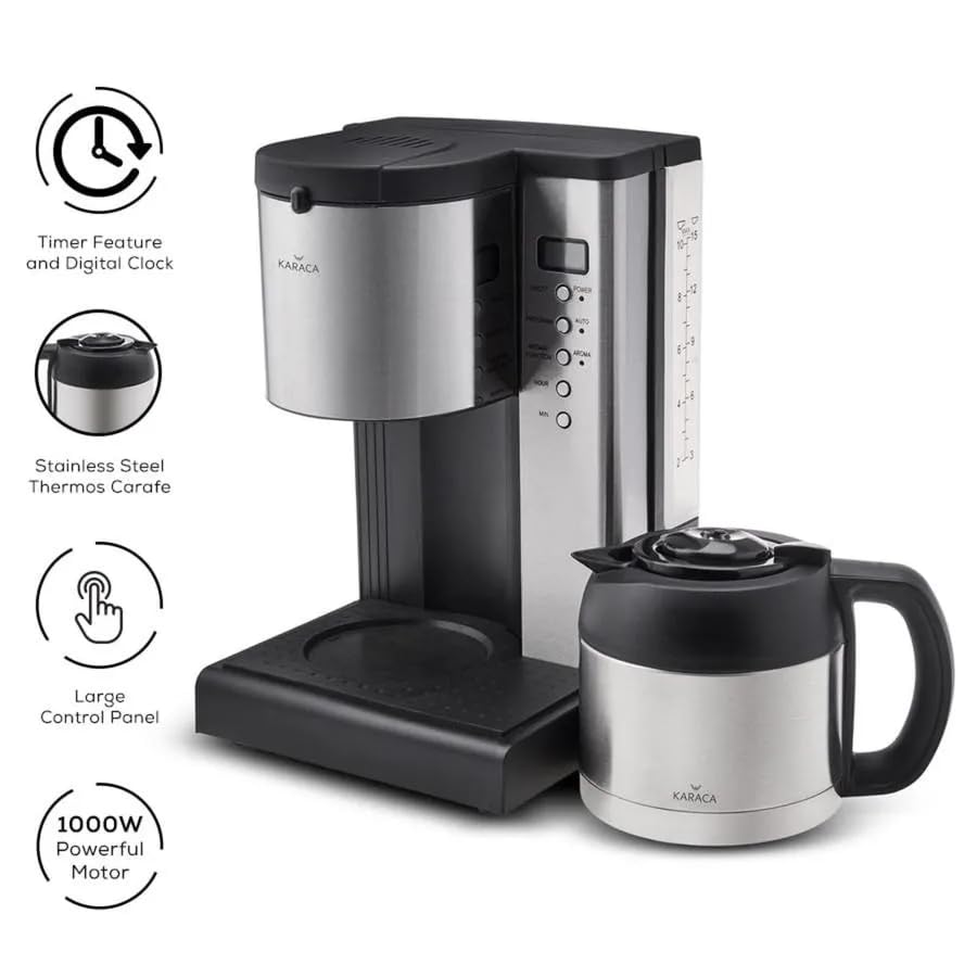 KARACA Coffee Art Aroma Filter Coffee Machine with Timer, 1.35lt / 2.97lb Capacity, INOX Silver and Black Filter Coffee Maker
