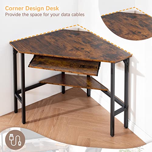 Becko US Corner Desk Triangle Computer Desk Vintage Industrial Small Desk Home Office Desk with Keyboard and Storage Shelf (Rustic Brown)