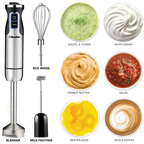 Mueller Ultra-Stick 800 Watt 9-Speed Immersion Multi-Purpose Hand Blender Heavy Duty Copper Motor Brushed 304 Stainless Steel With Whisk, Milk Fr