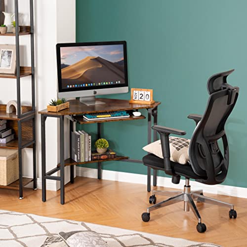 Becko US Corner Desk Triangle Computer Desk Vintage Industrial Small Desk Home Office Desk with Keyboard and Storage Shelf (Rustic Brown)