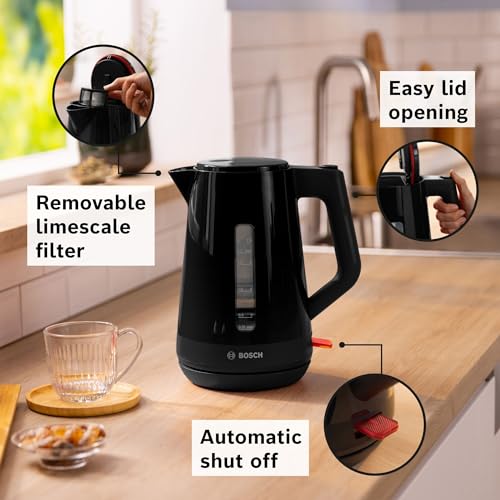Bosch MyMoments Delight TWK1M123GB Plastic Cordless Kettle, with dual sided water gauge, 1.7 Litres, 3000W - Black