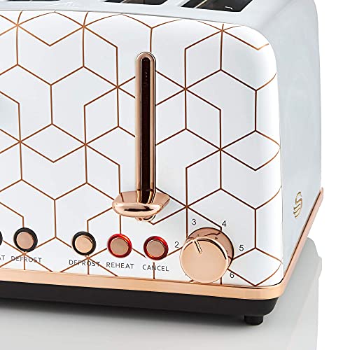 Swan Tribeca, 4 Slice Toaster, Multiple Functions & Browning Control, Glamour 20s Art Dec Design, White & Rose Gold, ST42020WHTN.
