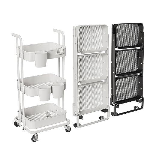 Merapi 3 Tier Foldable Rolling Cart, Metal Utility Cart with Wheels, 3 Hanging Cups and 6 Hooks, Folding Trolley for Living Room, Kitchen, Bathro
