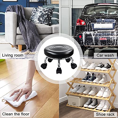 WKWKER Modern Roller Seat PU Leather Low Round Rolling Stool Swivel Small Stool with Universal Caster Wheels for Home Office Garage Shop Fitness