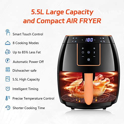 INMOZATA Air Fryer 5.5L, Oil Free Air Fryers with Non-stick Removable Basket, One-Touch Digital Screen, 360° Rapid Air Circulation, 8Presets, 0-3
