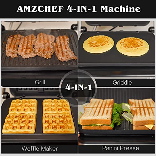 AMZCHEF 4-IN-1 Machine (Electric Grill, Griddle, Panini Presse, Waffle Maker) - 2000W Health Grill with 4 Interchangeable Non-Stick Plates -180°