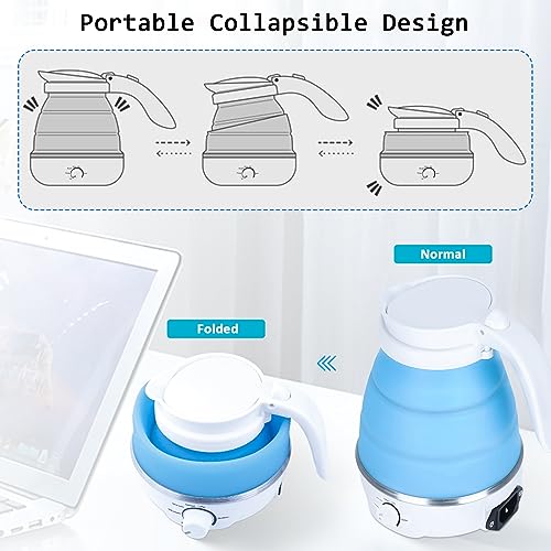 Tam88 Portable Travel Collapsible Kettle Lightweight for Campervan, 0.6L Folding Electric Camping Bedroom, Blue with Cups