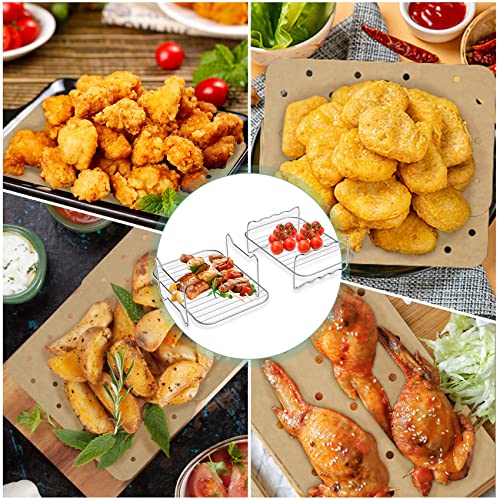 Domeilleur 2Pcs Air Fryer Rack Set for Ninja for Dual Air Fryer, Multi-purpose Double Layer Rack with Skewer, with Brush, Clips, Paper Liners, Ac