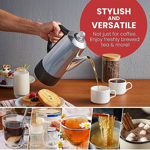 Elite Gourmet EC140 Electric 6-Cup Coffee Percolator with Keep Warm, Clear Brew Progress Knob Cool-Touch Handle Cord-less Serve, Stainless Steel