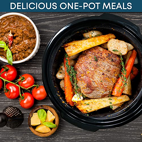 Elite Gourmet MST239X Electric Round Slow Cooker, Adjustable Temp, Entrees, Sauces, Stews & Dips, Dishwasher Safe Glass Lid & Crock, 2 Quart, Bla