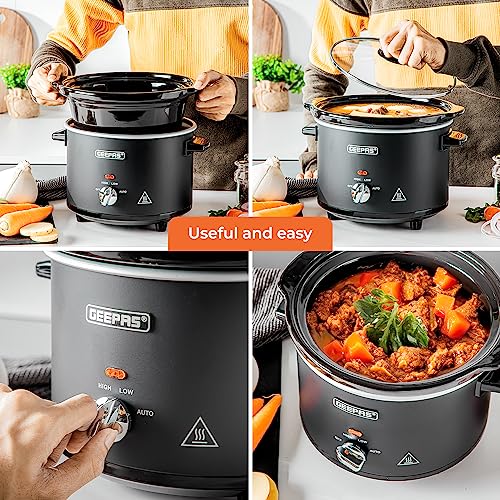 Geepas 1.5 Litre Slow Cooker | 3 Temperature Settings, Removable Easy-Clean Ceramic Bowl | Tempered Glass Lid & Cool Touch Handles, Matt Design |