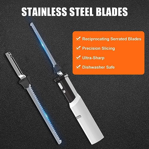 HYQNG Electric Meat Carving Knife, Cordless Meat Slicer Knife Bread Knife with 2 Serrated 8” Stainless Steel Blades & Safety Lock Trigger Release
