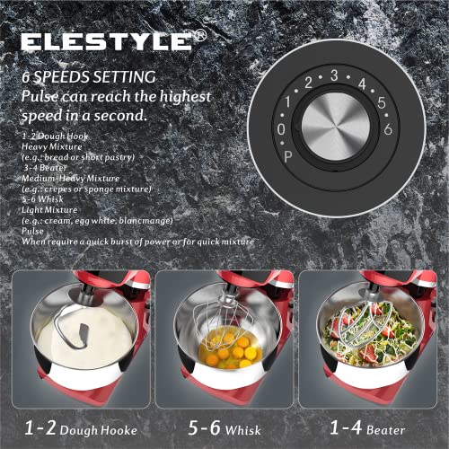 ELESTYLE Stand Mixer, 6L Food Mixer, 1500W, 6 Speeds with Pulse Kitchen Electric Mixer, Tilt-Head Cake Mixer with Stainless Steel Bowl, Dough Hoo