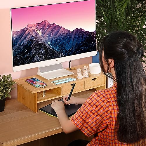 Monitor Stand Riser Desk Organizer-Bamboo 2 Tier Laptop Stand with Drawers, Adjustable Desktop Storage Organizer for Computer, Printer, Cellphone