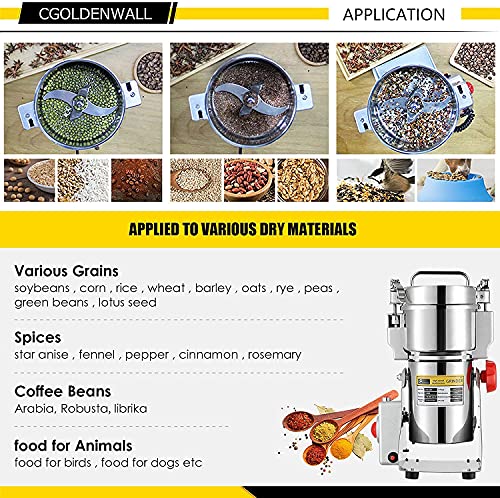 CGOLDENWALL 300g Open-Cover-Stop Protection 1500W Electric Grain Grinder 28000RPM Superfine Mill for Herb/Spice/Nut/Cereal 30s Speedy Grinding wi