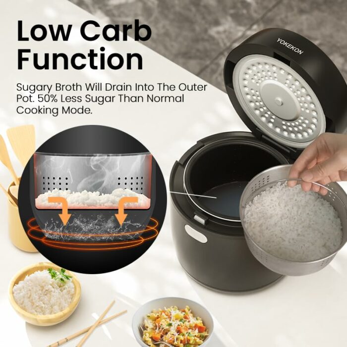 YOKEKON Low Sugar Rice Cooker Small 2L,Mini Rice Maker and Stainless Steel Steamer for 2-4 People, 8-in-1 Smart Control Multifunction, Delay Time