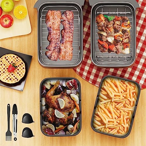 Alrens 8.5'' Foldable Silicone Air Fryer Liners, Dual Accessories Set for Ninja AF400UK &AF451UK, Kit with Rack, Gloves, Food Clip, Oil Brush